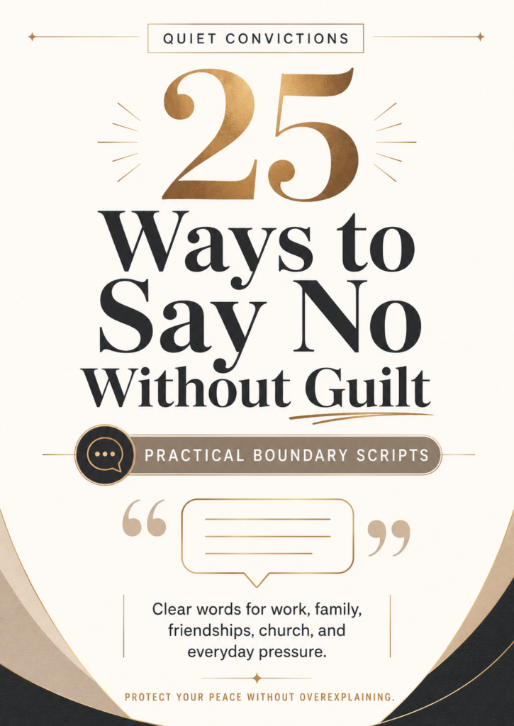 Cover of the Quiet Convictions guide “25 Ways to Say No Without Guilt,” featuring practical boundary scripts for work, family, friendships, church, and everyday pressure.